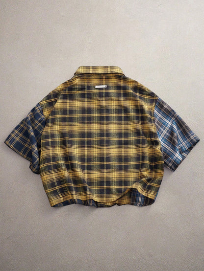 AXEPEAK Men's Fashion Plaid Patchwork Spider Web Rhinestone Embellished Short Sleeve Shirt, Halloween