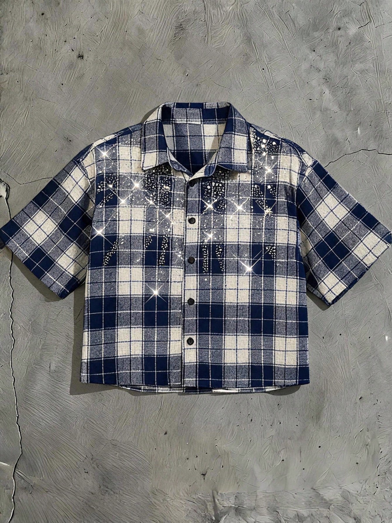 AXEPEAK Men's Fashion Plaid Patchwork Spider Web Rhinestone Embellished Short Sleeve Shirt, Halloween
