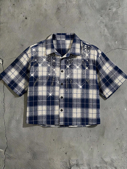 AXEPEAK Men's Fashion Plaid Patchwork Spider Web Rhinestone Embellished Short Sleeve Shirt, Halloween