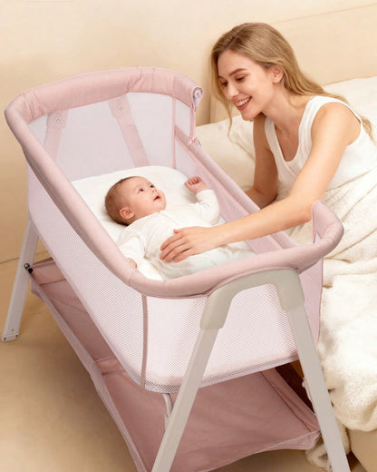 Baby Bassinet, Bedside Bassinet For Baby, Storage Basket, 4 Lockable Wheels, Full Mesh Sides, Bedside Mini Crib For Newborn, Newborn Gift,Pink
