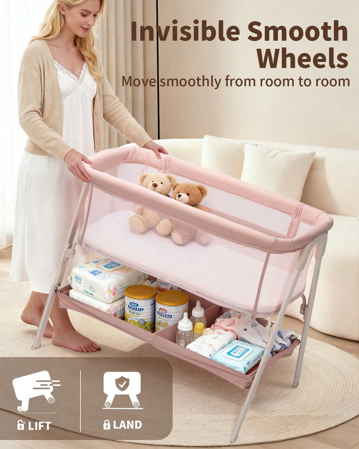 Baby Bassinet, Bedside Bassinet For Baby, Storage Basket, 4 Lockable Wheels, Full Mesh Sides, Bedside Mini Crib For Newborn, Newborn Gift,Pink