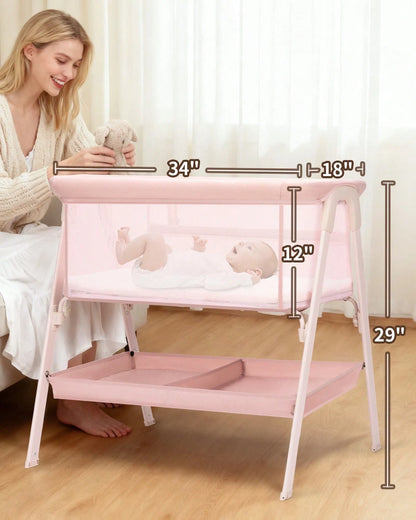 Baby Bassinet, Bedside Bassinet For Baby, Storage Basket, 4 Lockable Wheels, Full Mesh Sides, Bedside Mini Crib For Newborn, Newborn Gift,Pink