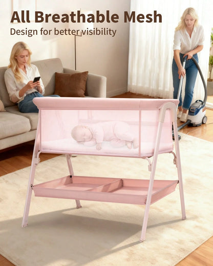 Baby Bassinet, Bedside Bassinet For Baby, Storage Basket, 4 Lockable Wheels, Full Mesh Sides, Bedside Mini Crib For Newborn, Newborn Gift,Pink