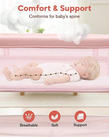 Baby Bassinet, Bedside Bassinet For Baby, Storage Basket, 4 Lockable Wheels, Full Mesh Sides, Bedside Mini Crib For Newborn, Newborn Gift,Pink