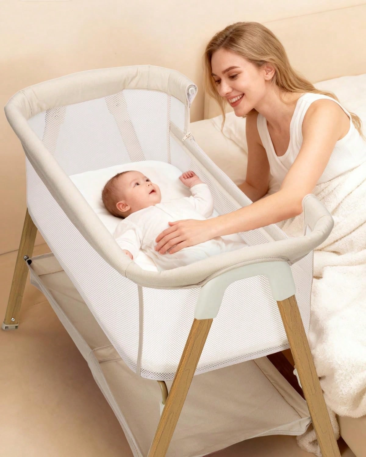 Baby Bassinet, Bedside Bassinet For Baby, Storage Basket, 4 Lockable Wheels, Full Mesh Sides, Bedside Mini Crib For Newborn, Newborn Gift,Pink