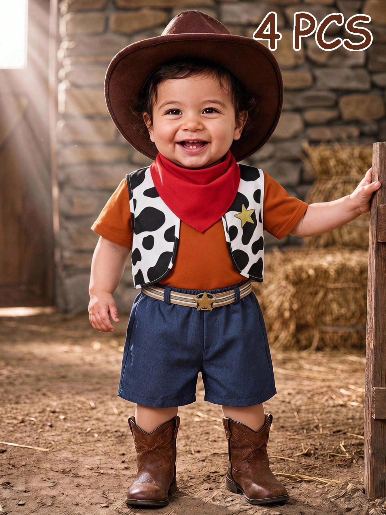 Baby Boy, Baby Boy 4pcs Cute Denim Outfit, Short Sleeve T-Shirt And Cow Print Vest And Shorts And Red Bandana Set, Halloween