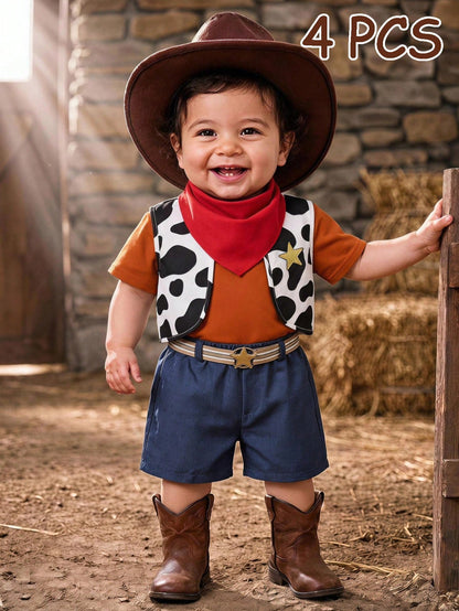 Baby Boy, Baby Boy 4pcs Cute Denim Outfit, Short Sleeve T-Shirt And Cow Print Vest And Shorts And Red Bandana Set, Halloween