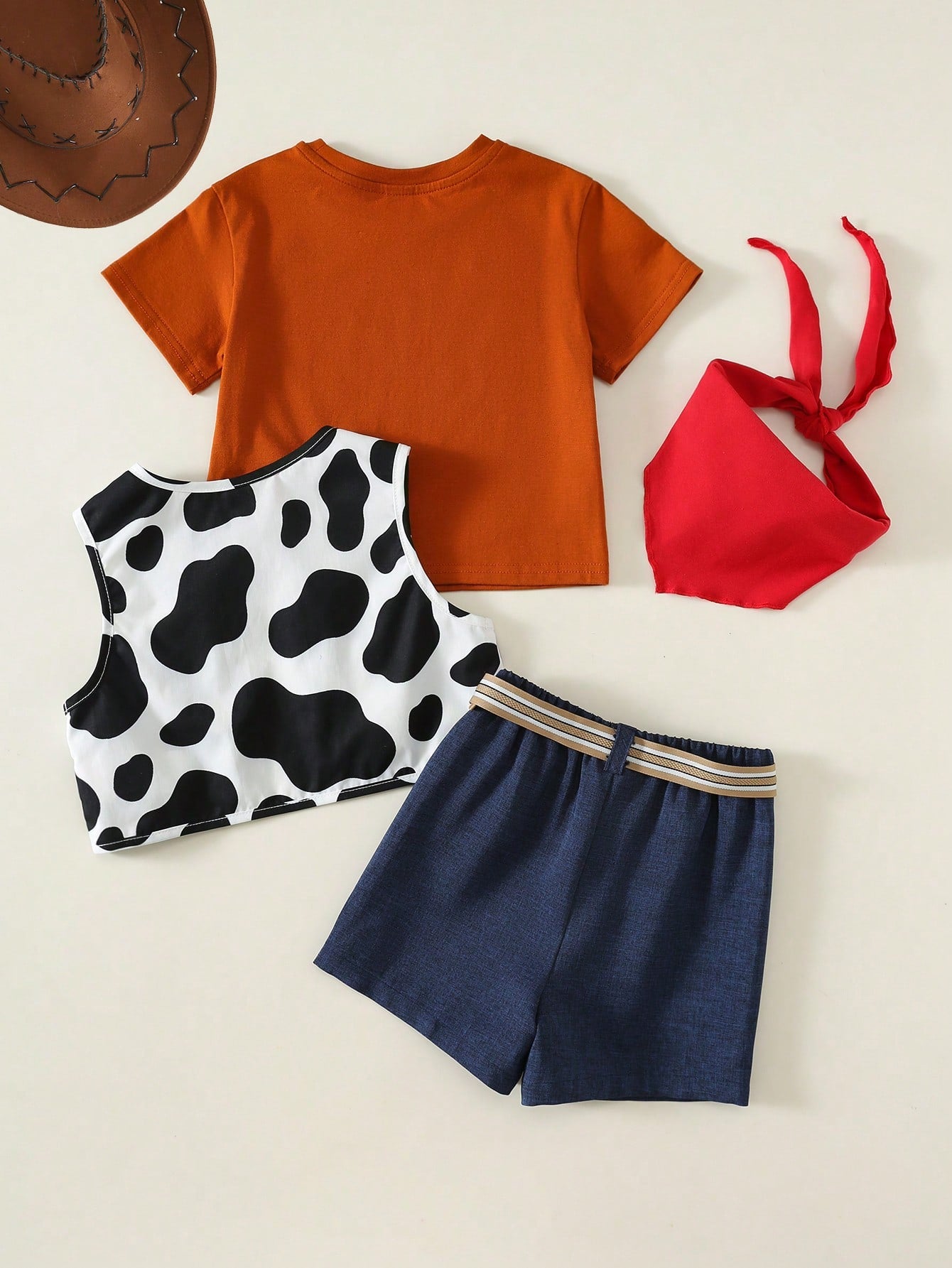 Baby Boy, Baby Boy 4pcs Cute Denim Outfit, Short Sleeve T-Shirt And Cow Print Vest And Shorts And Red Bandana Set, Halloween
