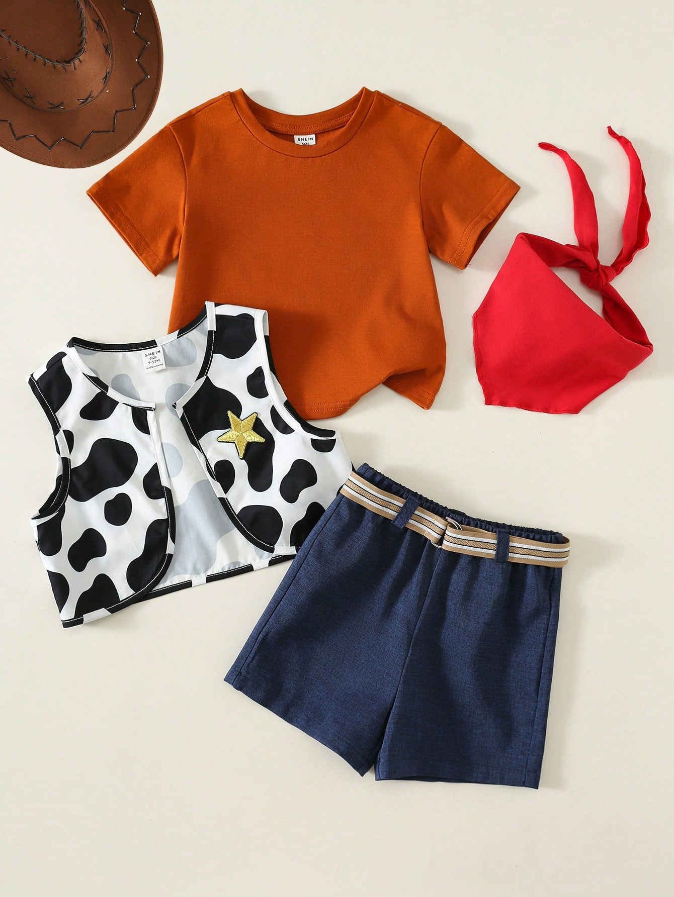 Baby Boy, Baby Boy 4pcs Cute Denim Outfit, Short Sleeve T-Shirt And Cow Print Vest And Shorts And Red Bandana Set, Halloween