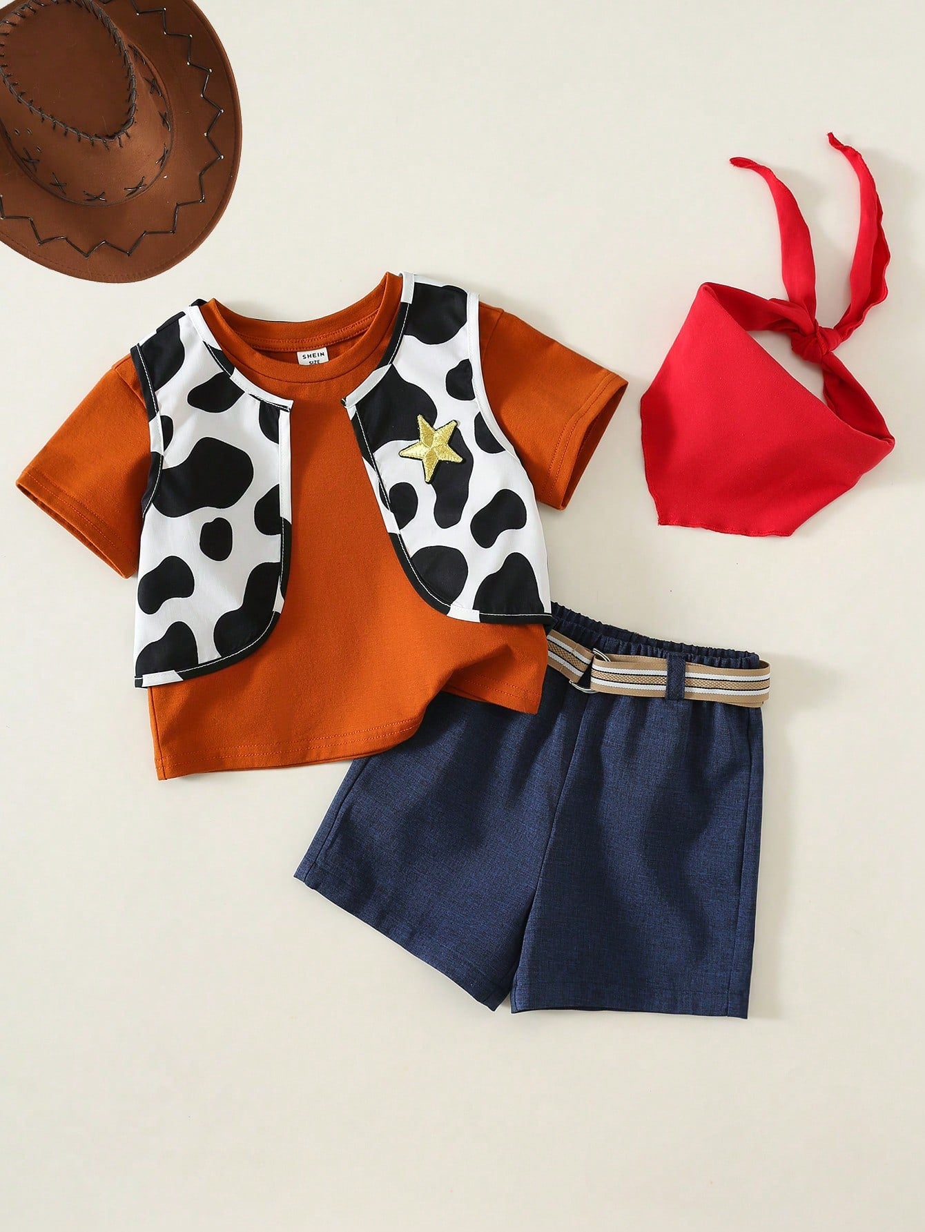 Baby Boy, Baby Boy 4pcs Cute Denim Outfit, Short Sleeve T-Shirt And Cow Print Vest And Shorts And Red Bandana Set, Halloween