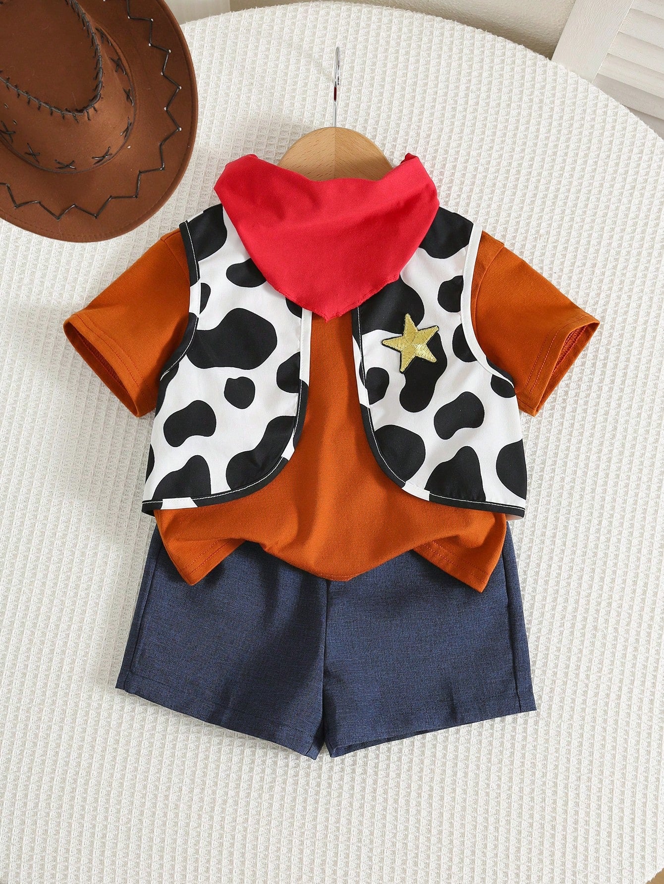Baby Boy, Baby Boy 4pcs Cute Denim Outfit, Short Sleeve T-Shirt And Cow Print Vest And Shorts And Red Bandana Set, Halloween