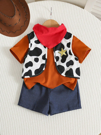 Baby Boy, Baby Boy 4pcs Cute Denim Outfit, Short Sleeve T-Shirt And Cow Print Vest And Shorts And Red Bandana Set, Halloween