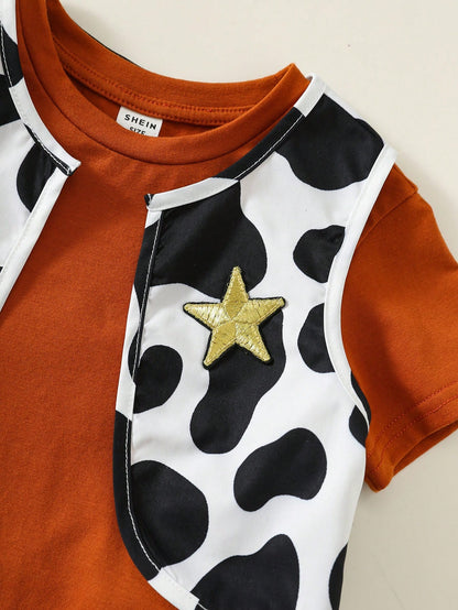Baby Boy, Baby Boy 4pcs Cute Denim Outfit, Short Sleeve T-Shirt And Cow Print Vest And Shorts And Red Bandana Set, Halloween