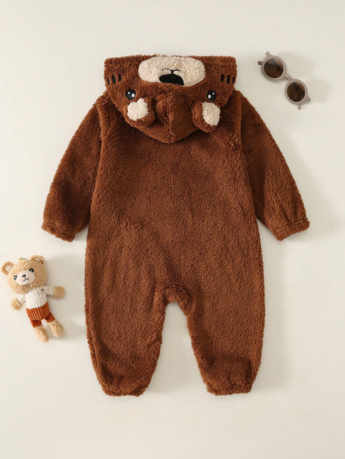 Baby Boy Cartoon Bear Pattern Colorblock Thermal Lined Thick Hooded Long Sleeve One-Piece Jumpsuit Fall And Winter Back To School Clothes