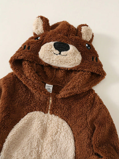 Baby Boy Cartoon Bear Pattern Colorblock Thermal Lined Thick Hooded Long Sleeve One-Piece Jumpsuit Fall And Winter Back To School Clothes