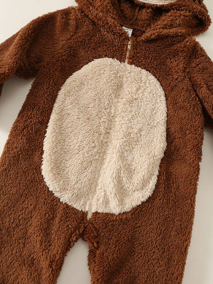 Baby Boy Cartoon Bear Pattern Colorblock Thermal Lined Thick Hooded Long Sleeve One-Piece Jumpsuit Fall And Winter Back To School Clothes