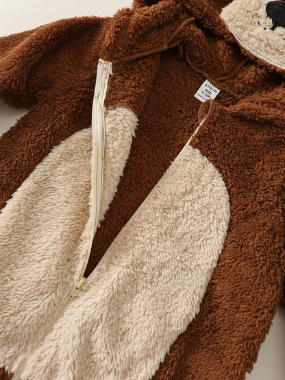 Baby Boy Cartoon Bear Pattern Colorblock Thermal Lined Thick Hooded Long Sleeve One-Piece Jumpsuit Fall And Winter Back To School Clothes