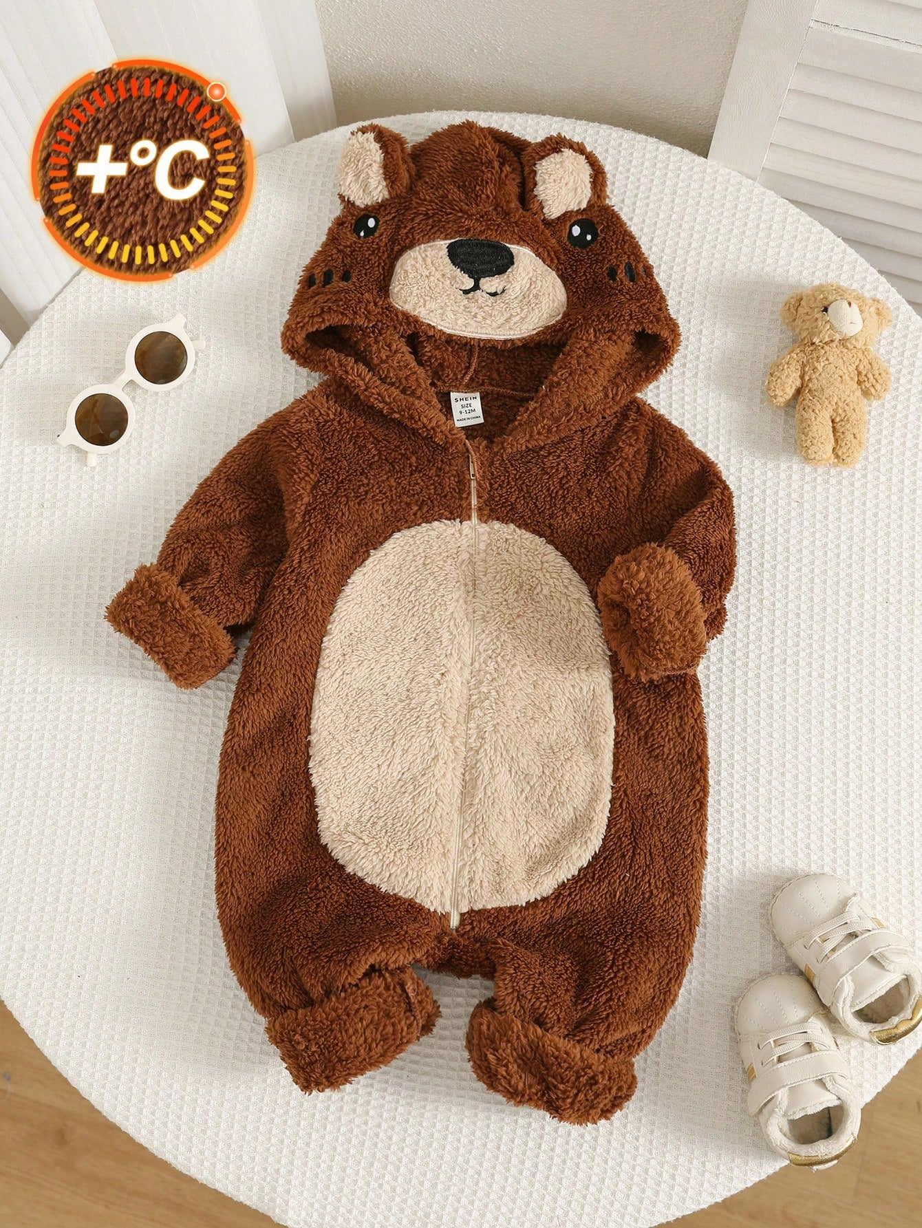 Baby Boy Cartoon Bear Pattern Colorblock Thermal Lined Thick Hooded Long Sleeve One-Piece Jumpsuit Fall And Winter Back To School Clothes