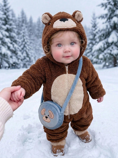 Baby Boy Cartoon Bear Pattern Colorblock Thermal Lined Thick Hooded Long Sleeve One-Piece Jumpsuit Fall And Winter Back To School Clothes
