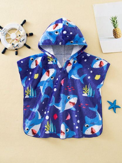 Baby Boy Cartoon Pattern Knitted Soft Hooded Sleeveless Cover Up Toddler Poncho Beach Robe Whale Print
