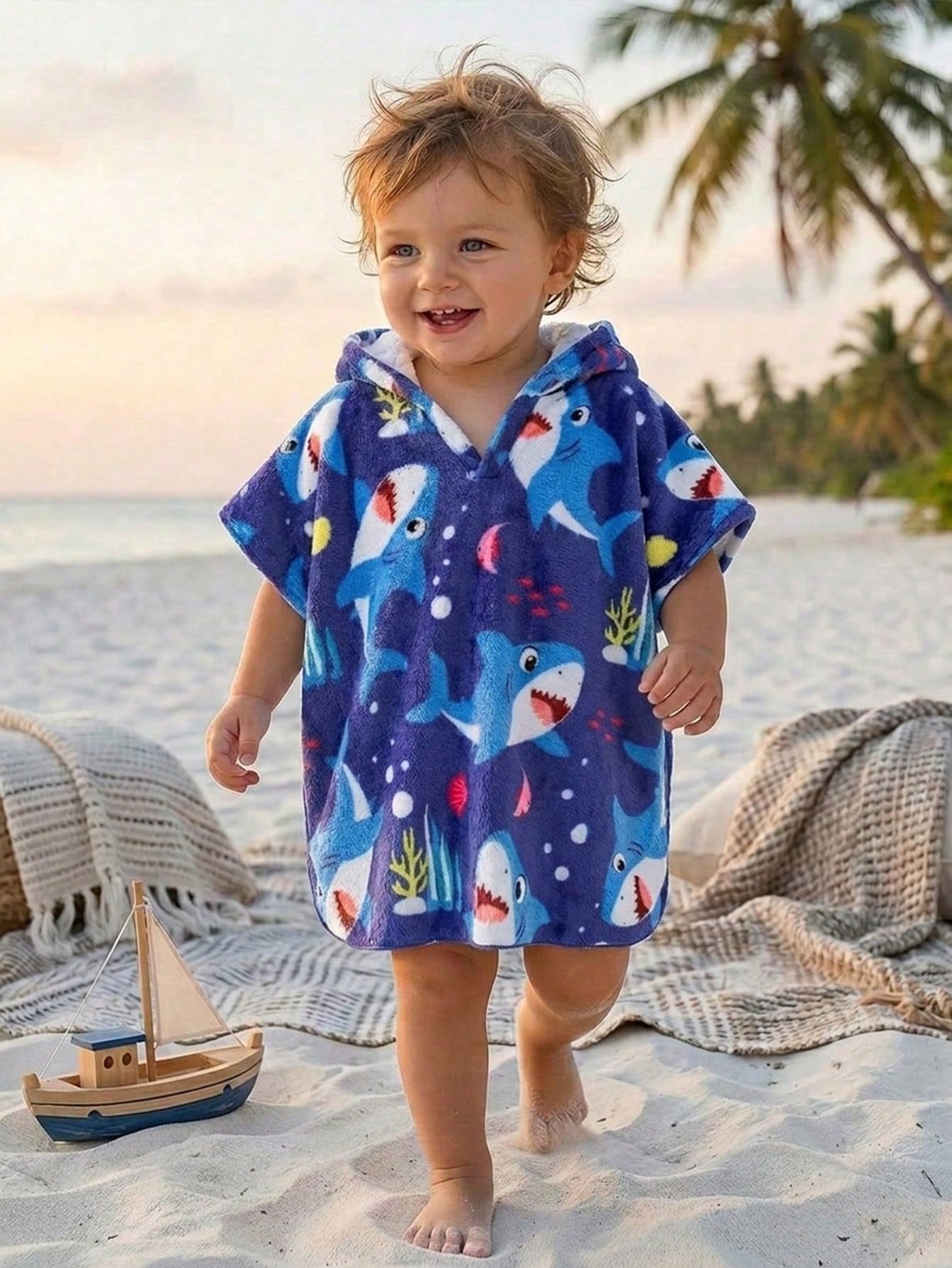 Baby Boy Cartoon Pattern Knitted Soft Hooded Sleeveless Cover Up Toddler Poncho Beach Robe Whale Print