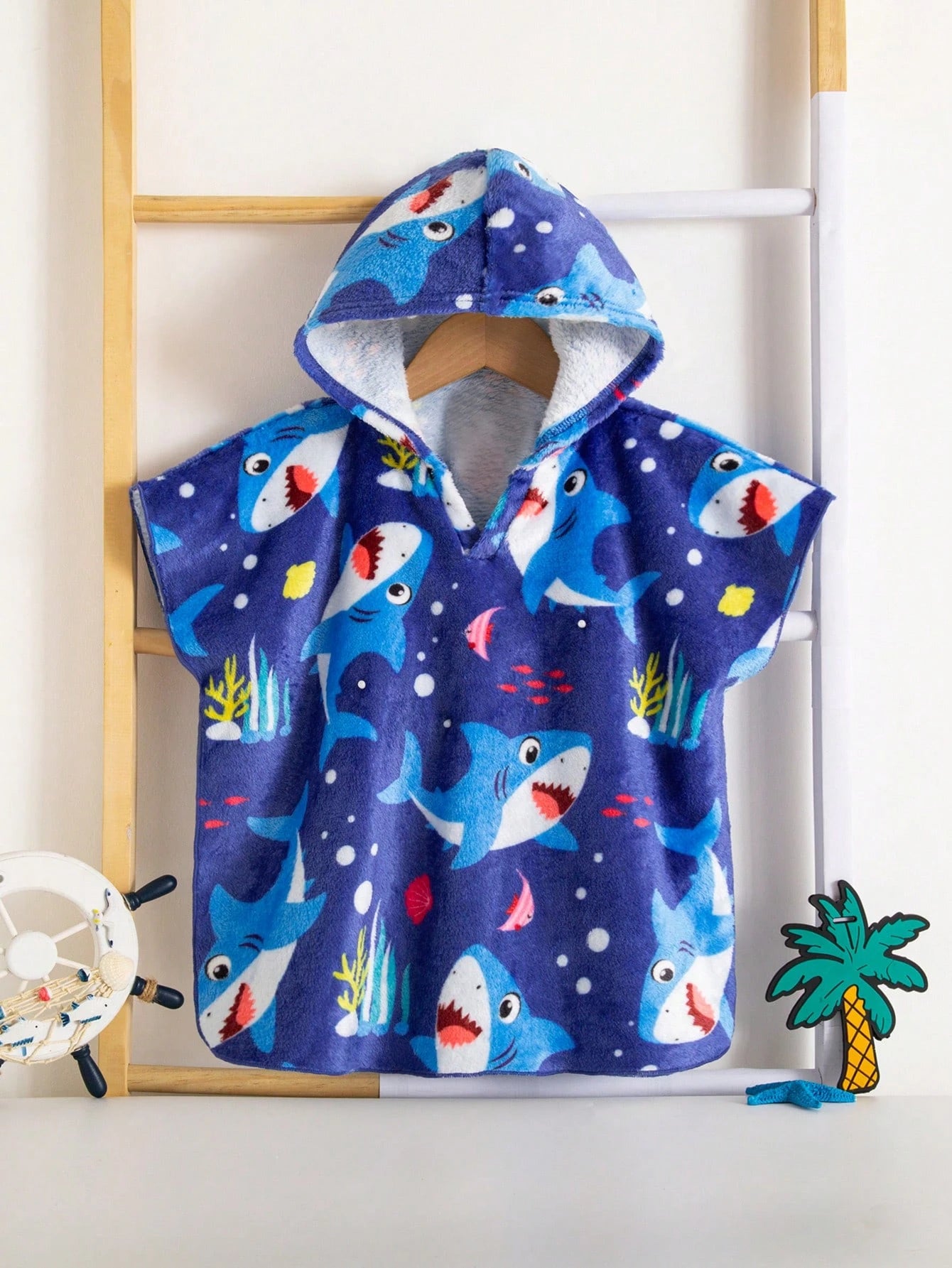 Baby Boy Cartoon Pattern Knitted Soft Hooded Sleeveless Cover Up Toddler Poncho Beach Robe Whale Print