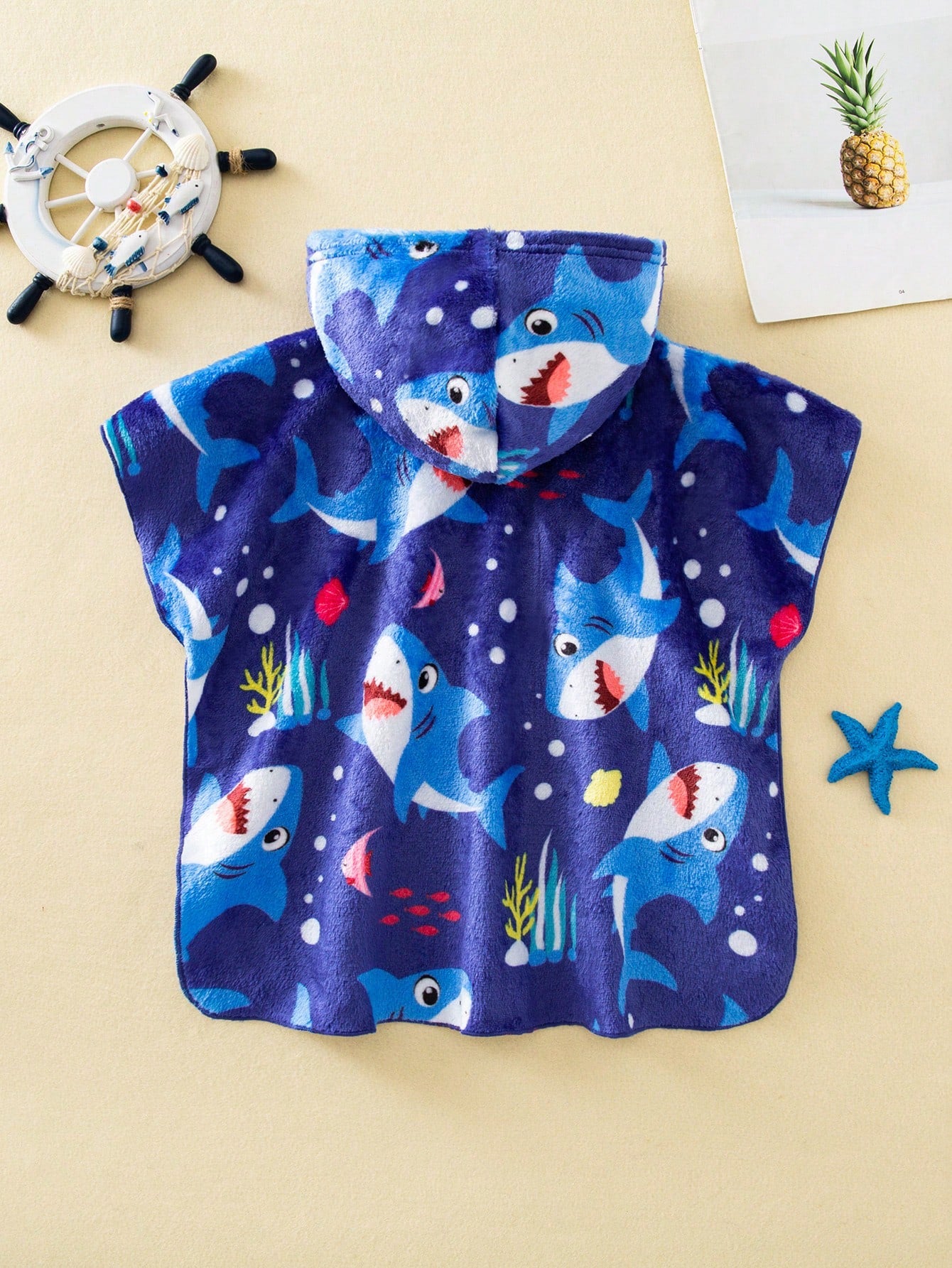 Baby Boy Cartoon Pattern Knitted Soft Hooded Sleeveless Cover Up Toddler Poncho Beach Robe Whale Print