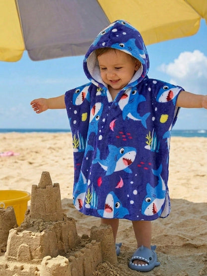 Baby Boy Cartoon Pattern Knitted Soft Hooded Sleeveless Cover Up Toddler Poncho Beach Robe Whale Print