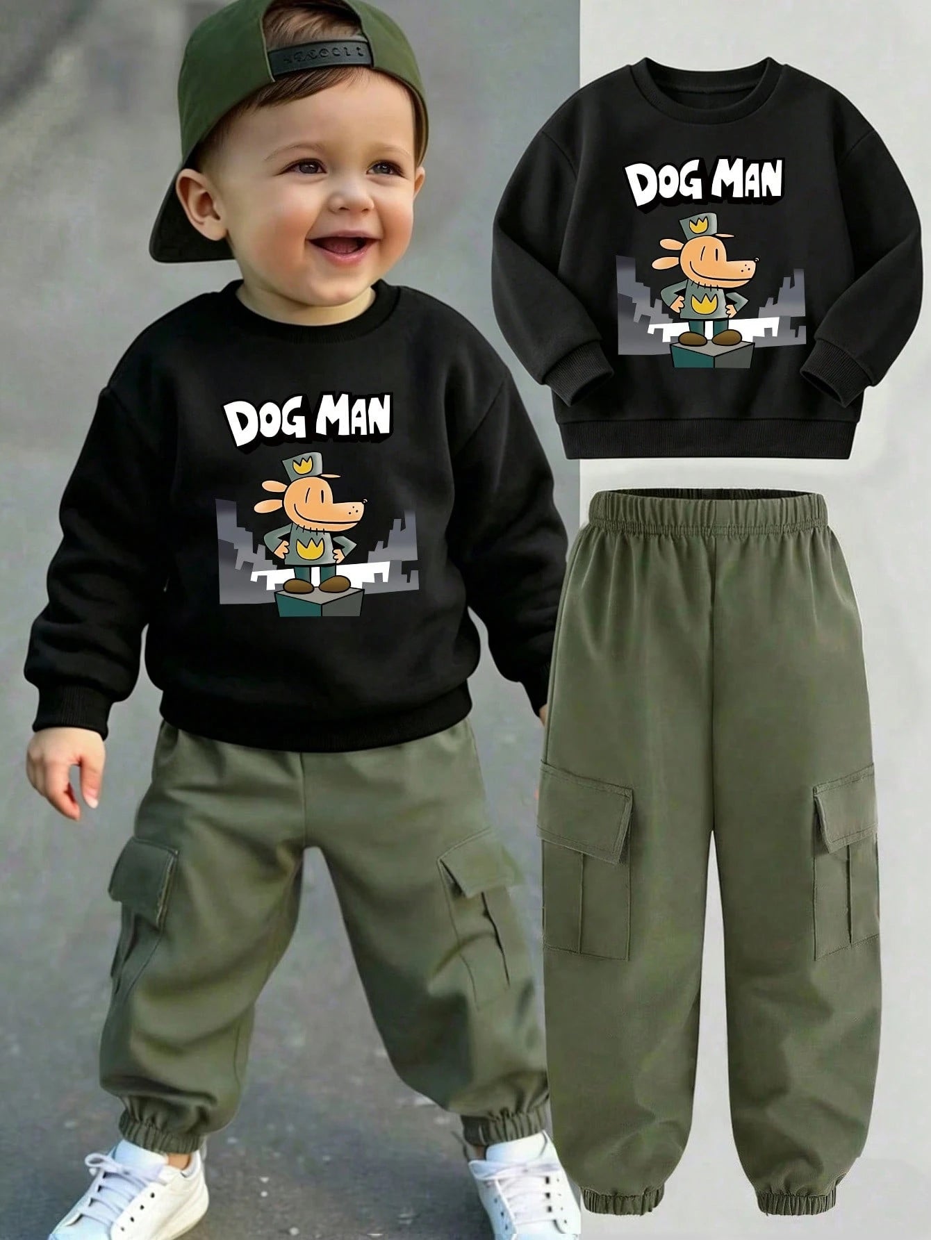 Baby Boy Casual Fashion Street Daily Commute Funny Cartoon Letter Print Dropped Shoulder Loose Crew Neck Sweatshirt And Cargo Pants Set, Spring/Autumn