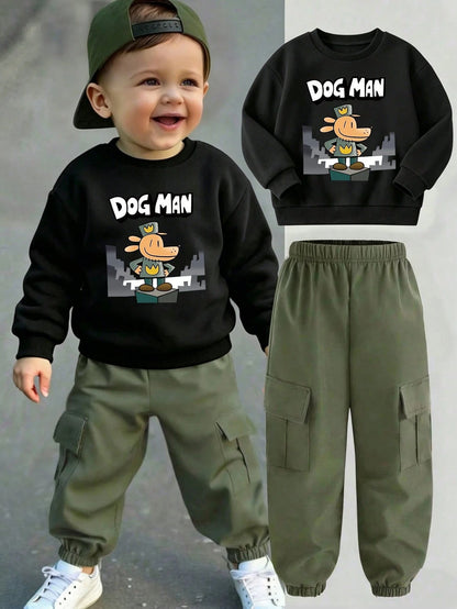 Baby Boy Casual Fashion Street Daily Commute Funny Cartoon Letter Print Dropped Shoulder Loose Crew Neck Sweatshirt And Cargo Pants Set, Spring/Autumn