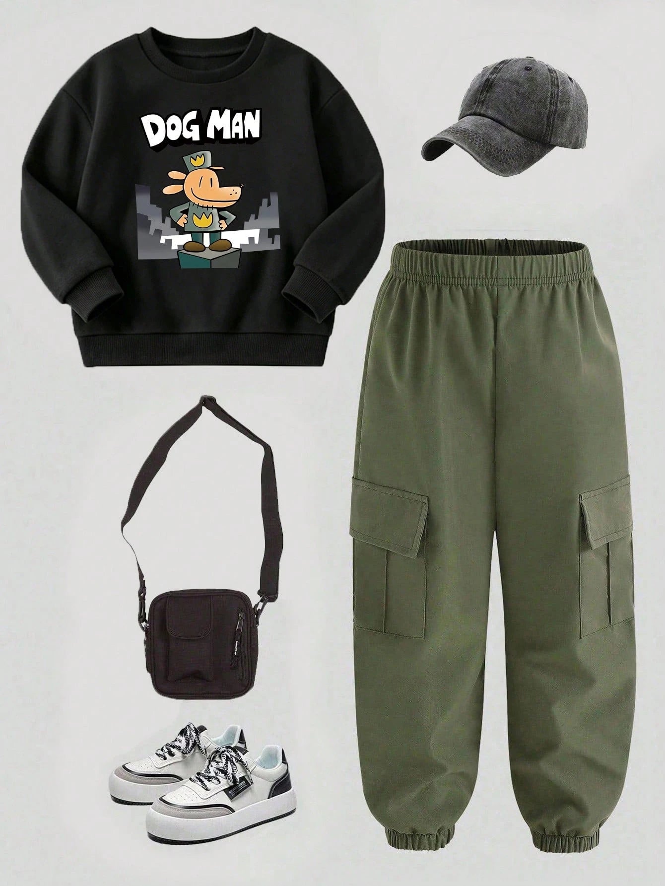 Baby Boy Casual Fashion Street Daily Commute Funny Cartoon Letter Print Dropped Shoulder Loose Crew Neck Sweatshirt And Cargo Pants Set, Spring/Autumn