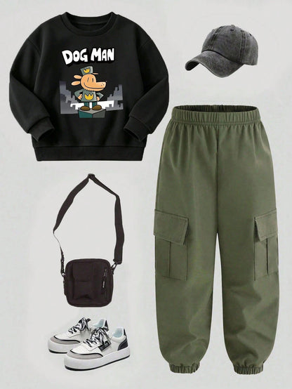 Baby Boy Casual Fashion Street Daily Commute Funny Cartoon Letter Print Dropped Shoulder Loose Crew Neck Sweatshirt And Cargo Pants Set, Spring/Autumn