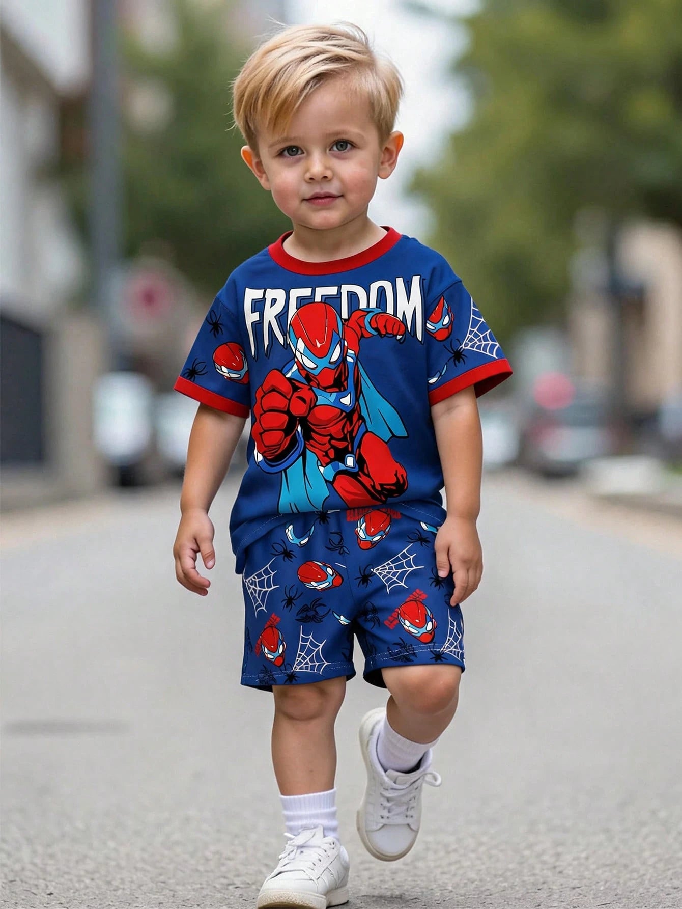 Baby Boy Casual T-Shirt Set, Classic Cool Brave Spider Hero Character Print, Stylish Spider Web Pattern, Fashionable Spider Icon Print, Suitable For Spring/Summer, Suitable For Sports
