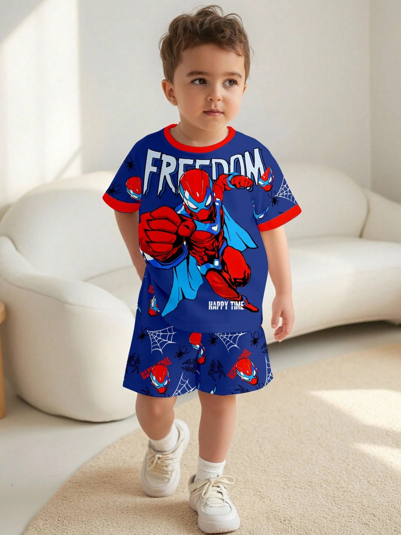 Baby Boy Casual T-Shirt Set, Classic Cool Brave Spider Hero Character Print, Stylish Spider Web Pattern, Fashionable Spider Icon Print, Suitable For Spring/Summer, Suitable For Sports