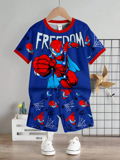 Baby Boy Casual T-Shirt Set, Classic Cool Brave Spider Hero Character Print, Stylish Spider Web Pattern, Fashionable Spider Icon Print, Suitable For Spring/Summer, Suitable For Sports