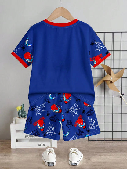 Baby Boy Casual T-Shirt Set, Classic Cool Brave Spider Hero Character Print, Stylish Spider Web Pattern, Fashionable Spider Icon Print, Suitable For Spring/Summer, Suitable For Sports