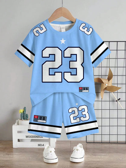 Baby Boy Casual T-Shirt Set, Suitable For Summer. Classic Cool Sporty Graphic Prints, Classic Number 23, Stylish Striped Prints, Chic Star Prints, Suitable For Sports, Outdoor, Spring/Summer