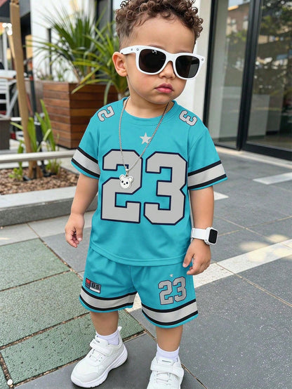 Baby Boy Casual T-Shirt Set, Suitable For Summer. Classic Cool Sporty Graphic Prints, Classic Number 23, Stylish Striped Prints, Chic Star Prints, Suitable For Sports, Outdoor, Spring/Summer