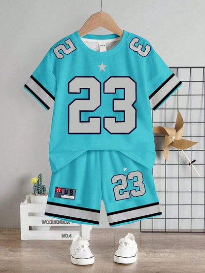 Baby Boy Casual T-Shirt Set, Suitable For Summer. Classic Cool Sporty Graphic Prints, Classic Number 23, Stylish Striped Prints, Chic Star Prints, Suitable For Sports, Outdoor, Spring/Summer