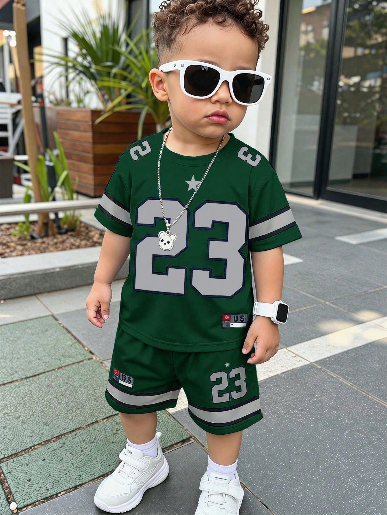 Baby Boy Casual T-Shirt Set, Suitable For Summer. Classic Cool Sporty Graphic Prints, Classic Number 23, Stylish Striped Prints, Chic Star Prints, Suitable For Sports, Outdoor, Spring/Summer