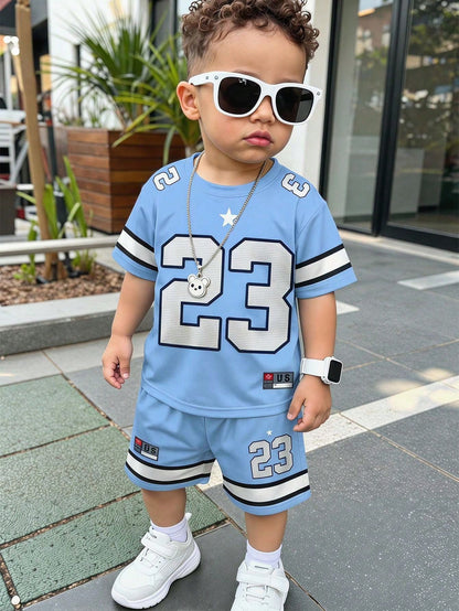 Baby Boy Casual T-Shirt Set, Suitable For Summer. Classic Cool Sporty Graphic Prints, Classic Number 23, Stylish Striped Prints, Chic Star Prints, Suitable For Sports, Outdoor, Spring/Summer