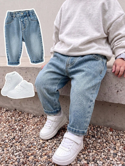 Baby Boy Denim Long Pants, Summer New Casual Cute Playful Style Light Blue Vintage Distressed Denim Color Washed Distressed Process Side Elastic High Waist Fitted Tapered Soft Skin-Friendly Fine Cotto
