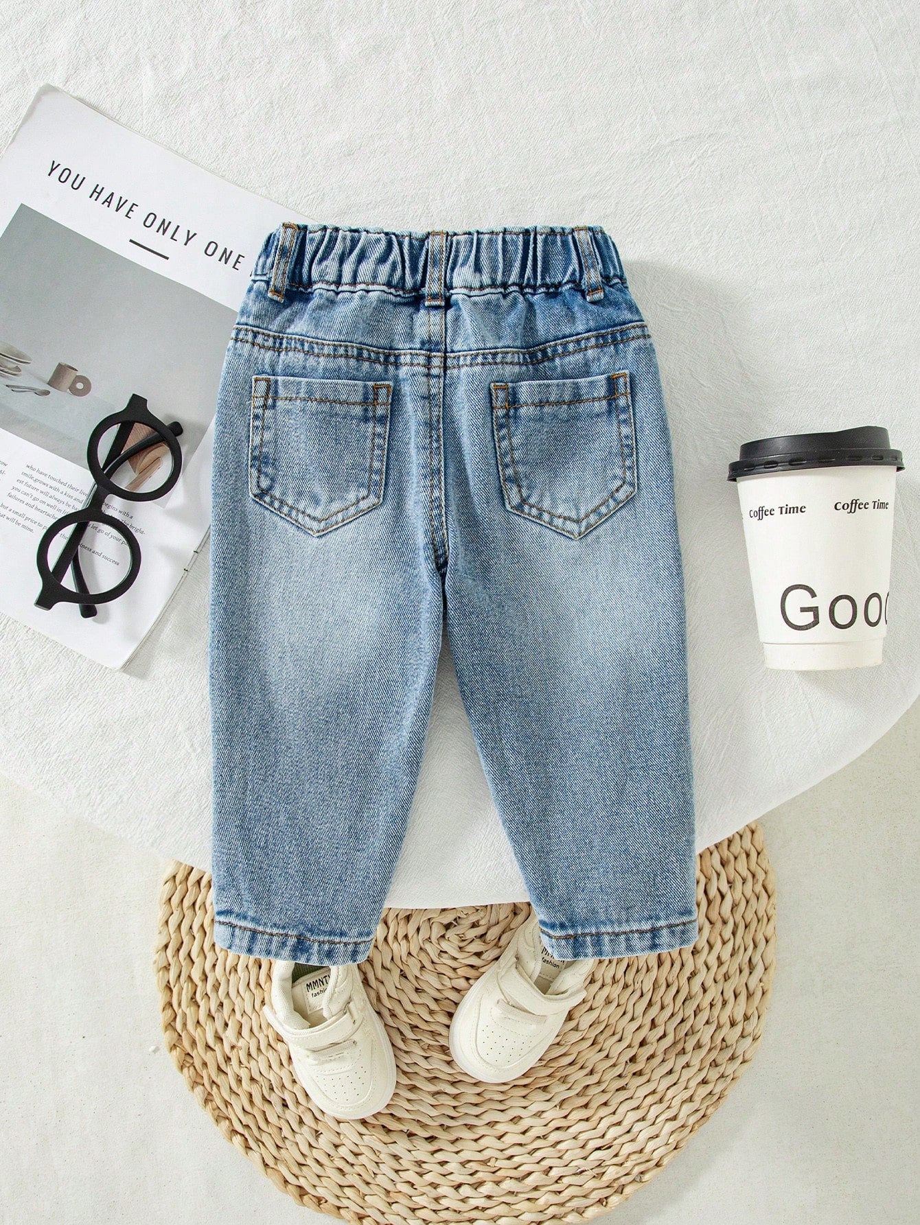Baby Boy Denim Long Pants, Summer New Casual Cute Playful Style Light Blue Vintage Distressed Denim Color Washed Distressed Process Side Elastic High Waist Fitted Tapered Soft Skin-Friendly Fine Cotto