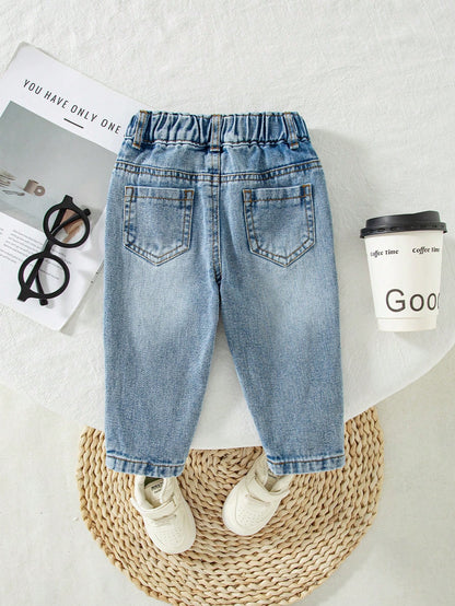 Baby Boy Denim Long Pants, Summer New Casual Cute Playful Style Light Blue Vintage Distressed Denim Color Washed Distressed Process Side Elastic High Waist Fitted Tapered Soft Skin-Friendly Fine Cotto