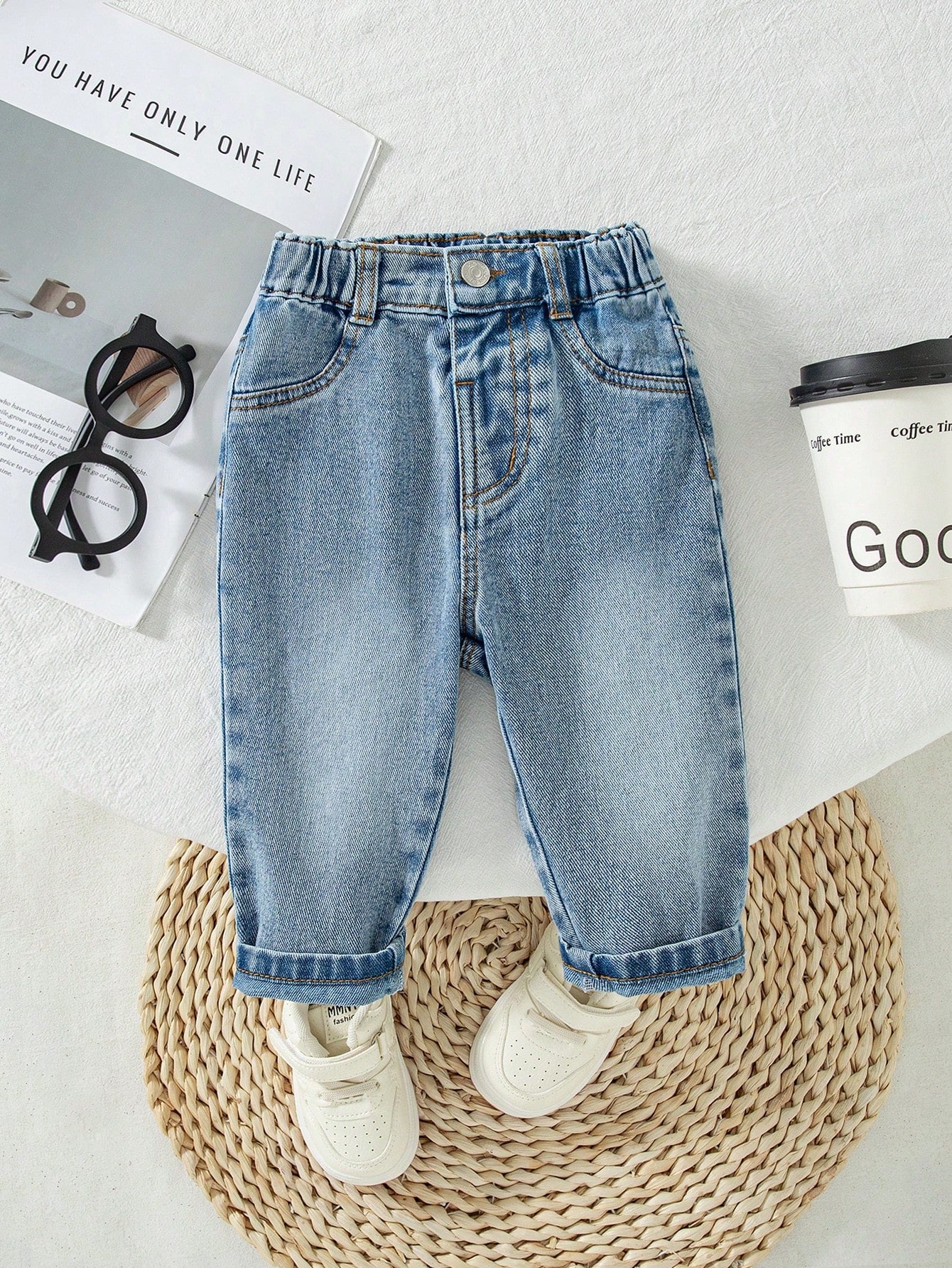 Baby Boy Denim Long Pants, Summer New Casual Cute Playful Style Light Blue Vintage Distressed Denim Color Washed Distressed Process Side Elastic High Waist Fitted Tapered Soft Skin-Friendly Fine Cotto