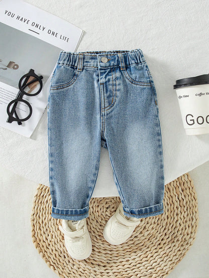 Baby Boy Denim Long Pants, Summer New Casual Cute Playful Style Light Blue Vintage Distressed Denim Color Washed Distressed Process Side Elastic High Waist Fitted Tapered Soft Skin-Friendly Fine Cotto