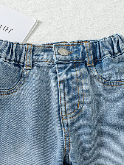 Baby Boy Denim Long Pants, Summer New Casual Cute Playful Style Light Blue Vintage Distressed Denim Color Washed Distressed Process Side Elastic High Waist Fitted Tapered Soft Skin-Friendly Fine Cotto