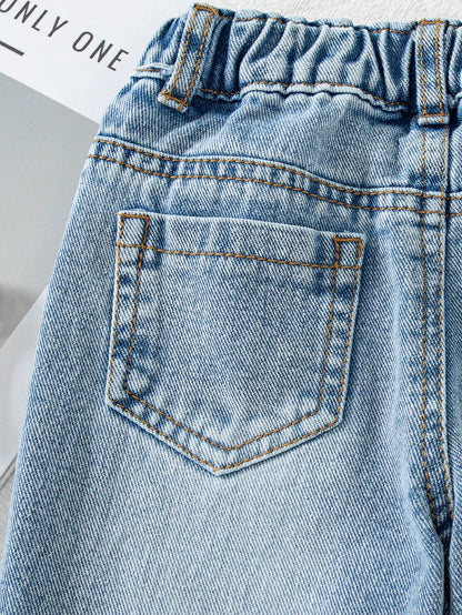 Baby Boy Denim Long Pants, Summer New Casual Cute Playful Style Light Blue Vintage Distressed Denim Color Washed Distressed Process Side Elastic High Waist Fitted Tapered Soft Skin-Friendly Fine Cotto