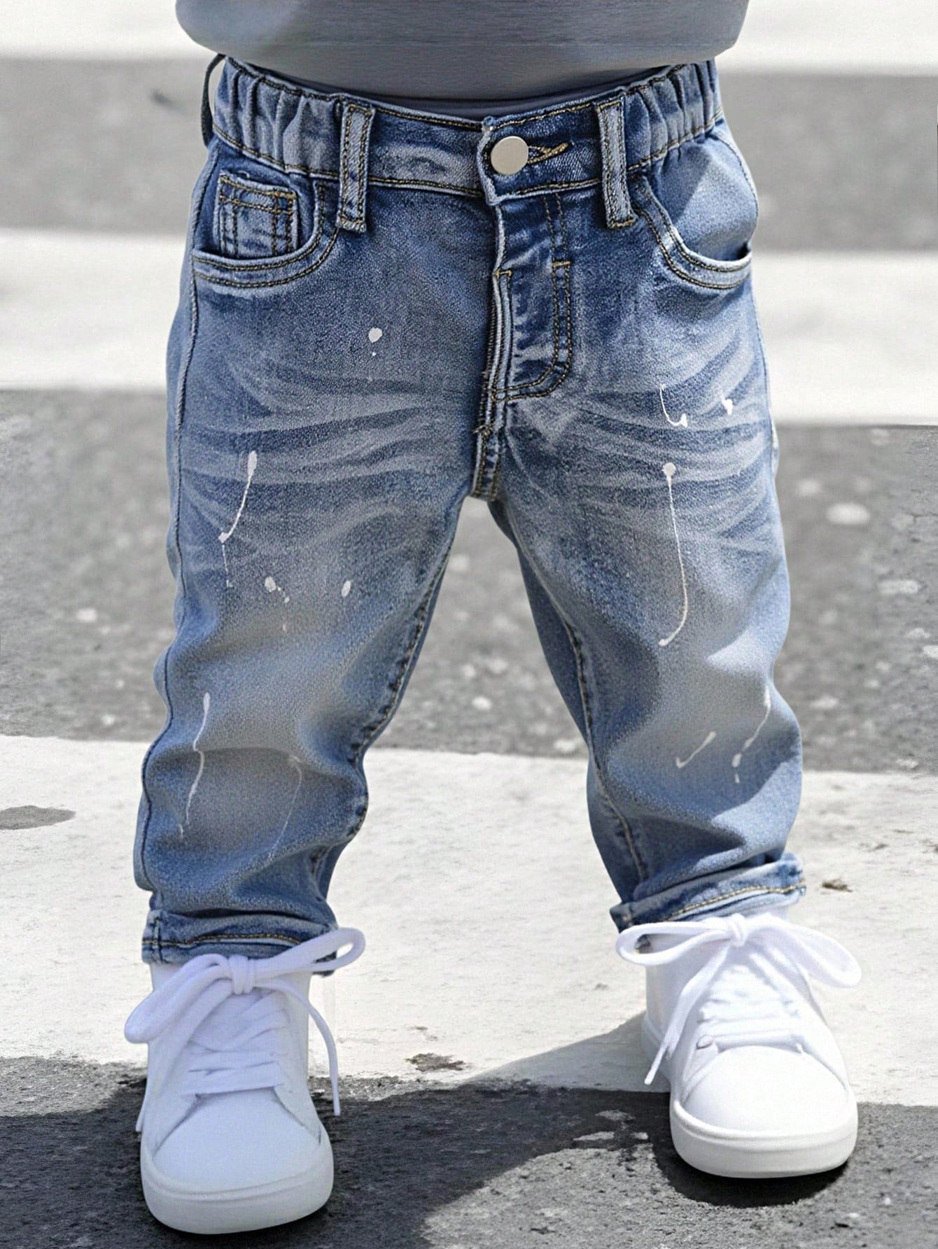 Baby Boy Denim Long Pants, Summer New Casual Cute Playful Style Light Blue Vintage Distressed Denim Color Washed Distressed Process Side Elastic High Waist Fitted Tapered Soft Skin-Friendly Fine Cotto