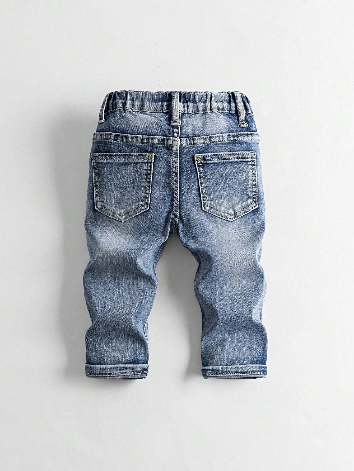Baby Boy Denim Long Pants, Summer New Casual Cute Playful Style Light Blue Vintage Distressed Denim Color Washed Distressed Process Side Elastic High Waist Fitted Tapered Soft Skin-Friendly Fine Cotto